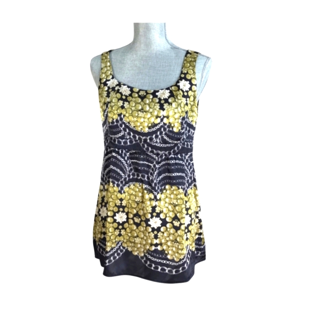 CAbi All Silk Pearls And Chains Sleeveless Scoop Neck Blouse Black Gold X Small